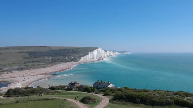 Aerial Drone View of Seven Sisters White Chalk Cliffs and English Channel, East Sussex, England, UK