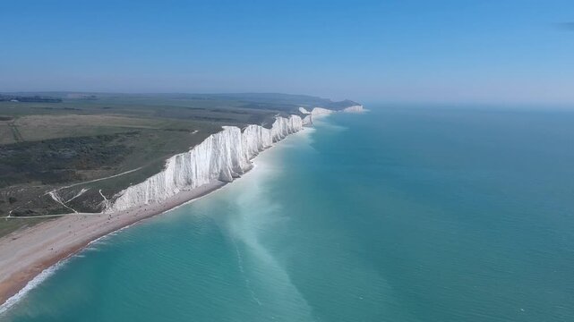 Seven Sisters Cliffs, England &mdash; Aerial Drone Panorama of White Chalk Coast and Blue Sea, UK