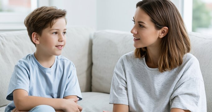 A young boy receives caring support from a female therapist in a cheerful child therapy setting.