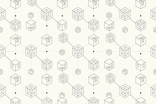 Seamless geometric pattern with complex interconnected cube structures and small dots on a light cream background, for wallpaper and textiles