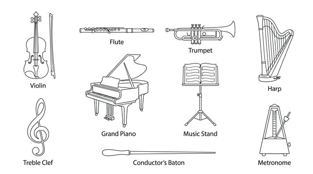 Musical instruments icons collection outline vector art design element