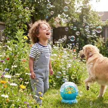 Happy boy playing with soap bubbles machine