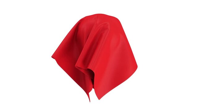 Red fabric drapes and lifts around a smooth white sphere, creating a minimal reveal animation on white, black, and green screen backgrounds, 3D animation