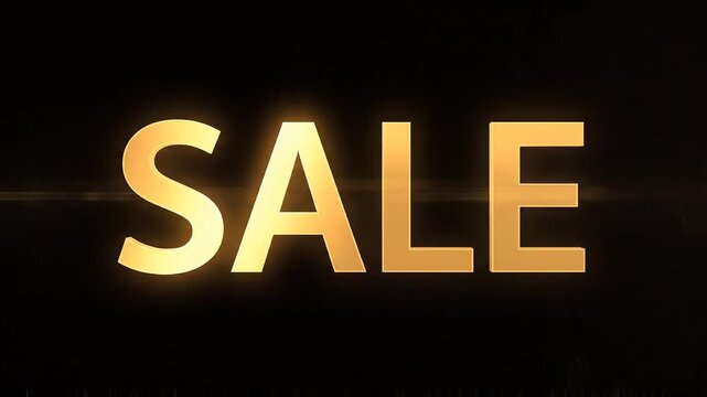 Golden three dimensional SALE text appearing with a bright horizontal light flare on a black background