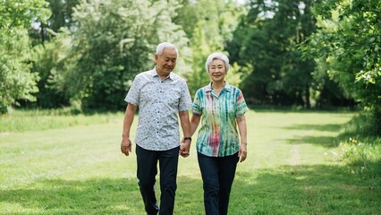 Obraz premium Elderly couple walks hand in hand through a lush green public park together.