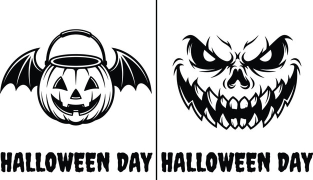 Halloween day pumpkin illustration set, spooky jack o lantern bat wings sinister face festive text vector artwork