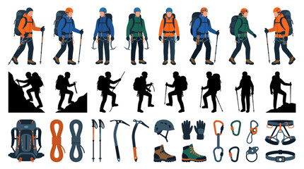 Professional vector collection featuring different man and woman wearing professional mountaineering clothing, waterproof alpine jackets, fleece layers, climbing harnesses, thermal gloves © mehdik
