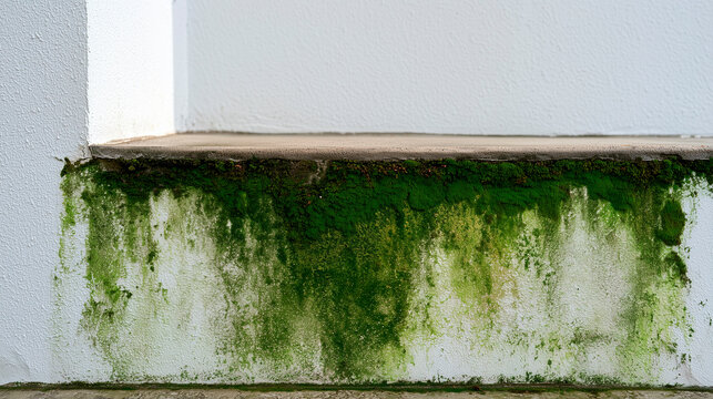 Algae and mold growing on white stucco wall of residential building