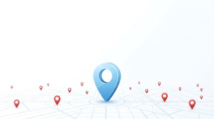 Fototapeta premium Interactive map interface featuring central blue location pin and multiple red markers on light grid background for location services and logistics planning visual representation