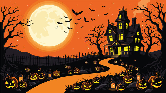 Halloween haunted house illustration, spooky path pumpkins bats moon eerie trees fence 