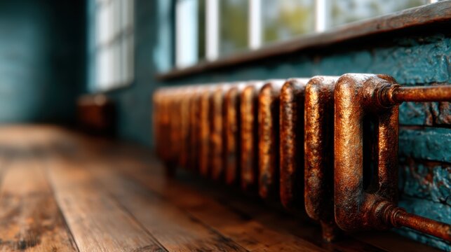 An artistic portrayal of a rusty vintage radiator standing against a blue wall, invoking feelings of nostalgia in a warm, inviting environment with a cozy ambiance.