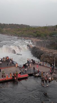 Vertical Aerial View of Dhuandhar Falls, Bhedaghat, Jabalpur, Madhya Pradesh, India