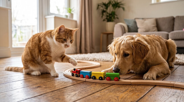 Curious cat dog train interaction on wooden floor, domestic animals investigating miniature toy train set. Golden Retriever and tabby cat play, observing colorful cat dog train.
