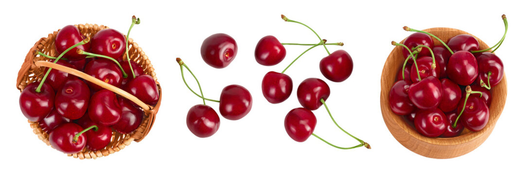 red sweet cherry in wicker basket and wooden bowl isolated on white background with full depth of field, Top view. Flat lay