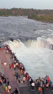 Vertical Aerial View of Dhuandhar Falls, Bhedaghat, Jabalpur, Madhya Pradesh, India