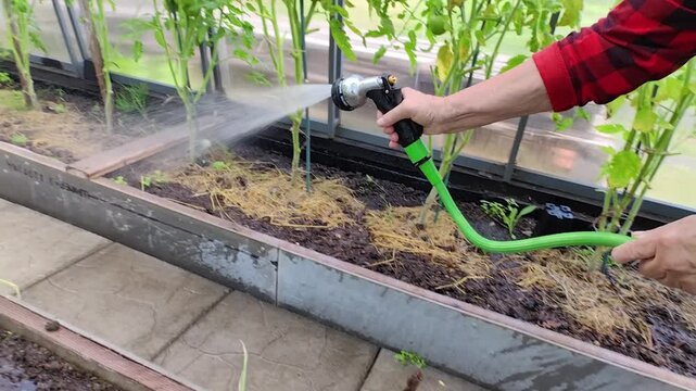 Tracking shot of person watering tomato with garden hose and nozzle across greenhouse planter bed along concrete walkway. Concept of growing natural produce at home.
