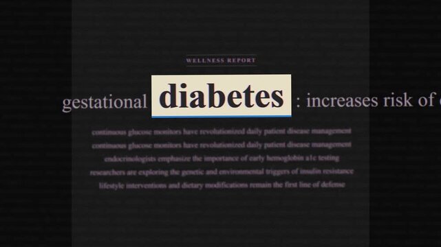 Diabetes digital health news data text montage, blood sugar endocrinology stop motion article overlay