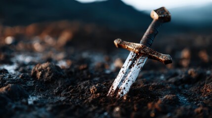 Fototapeta premium A weathered sword, embedded in the earth of a battlefield, symbolizes ancient conflicts and the passage of time, evoking powerful emotions of bravery and sacrifice.