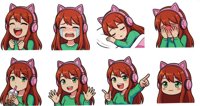 Cute anime girl emotes and sticker set with various expressions and reactions