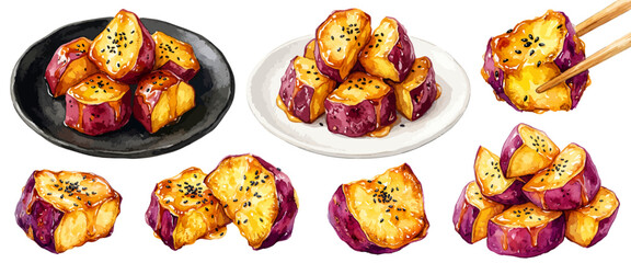 Slats personalizados para cozinha com sua foto 大学芋と具材のイラストセット,水彩風の蜜芋・さつまいも・黒ごま・和皿・箸揚げ、秋の和スウィーツ・惣菜POP販促素材、手描きフードカットイラスト,ベクター,美味しそうな秋の味覚食品素材,中華ポテト