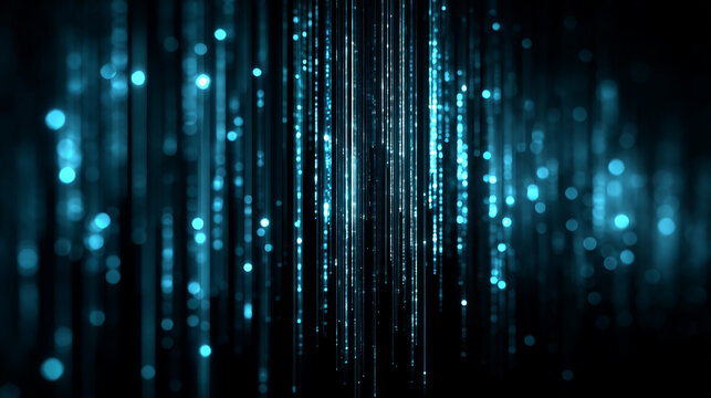 Vertical streaming cyan digital rain lines with sparkling bokeh particles representing secure code matrix