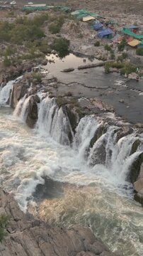 Vertical Aerial View of Dhuandhar Falls, Bhedaghat, Jabalpur, Madhya Pradesh, India