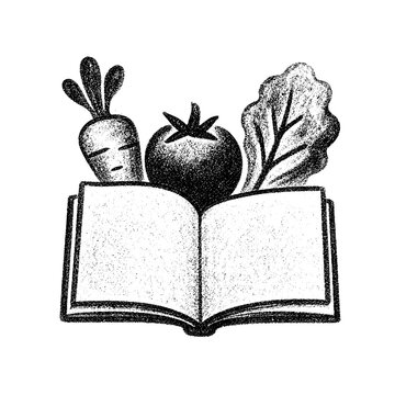 Open book with vegetables including carrot, tomato, and lettuce  