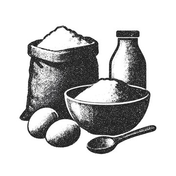 Ingredients for baking with flour, eggs, milk, and a spoon in vintage style  