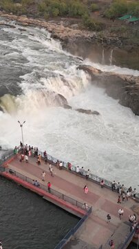 Vertical Aerial View of Dhuandhar Falls, Bhedaghat, Jabalpur, Madhya Pradesh, India