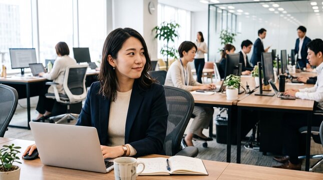ノートパソコンが置かれた自席に座り、他の社員の様子を見ている20代日本人女性社員のクローズアップポートレート