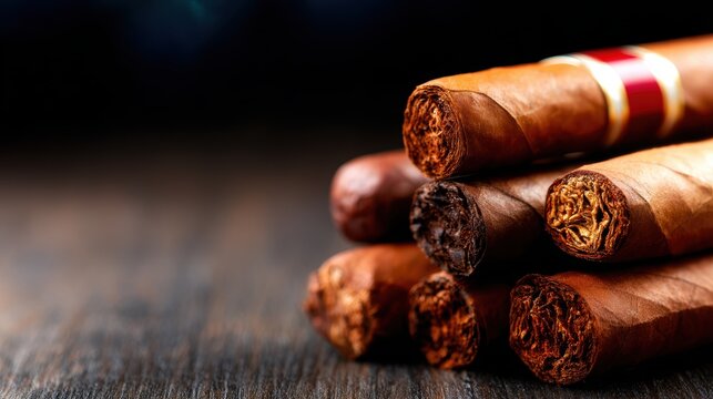 This artistic close-up showcases a collection of assorted cigars arranged elegantly, highlighting their rich textures and colors against a blurred dark background for a sophisticated look.