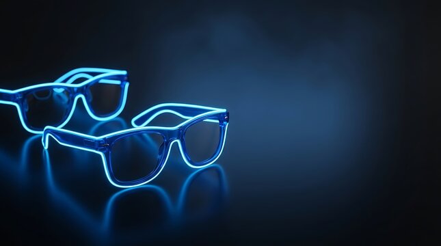 Futuristic Blue Neon Light Sunglasses on Dark Reflective Surface