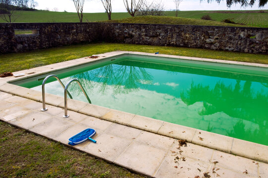 Starting the spring clean up of dead leaves and green algae in a swimming pool neglected over the winter. In rural South-West France