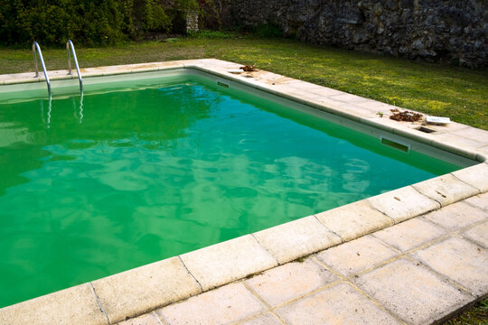 Starting the spring clean up of dead leaves and green algae in a swimming pool neglected over the winter. In rural South-West France