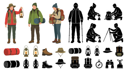 Set of vector collection featuring different man and woman wearing camping outfits, outdoor jackets, hiking pants, fleece clothing, waterproof boots, camping hats, utility vests © mehdik