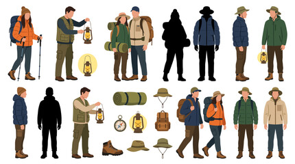 Set of vector collection featuring different man and woman wearing camping outfits, outdoor jackets, hiking pants, fleece clothing, waterproof boots, camping hats, utility vests © mehdik