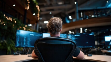 Fototapeta premium This image depicts a dedicated programmer working intently at multiple screens in an open office environment, highlighting the tech-driven modern workspace.