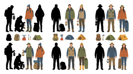Professional vector collection featuring different man and woman wearing camping outfits, outdoor jackets, hiking pants, fleece clothing, waterproof boots, camping hats, utility vests © mehdik
