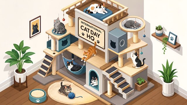 Isometric vector illustration of a detailed cat tree house filled with playful cats for International Cat Day celebration, Generative AI