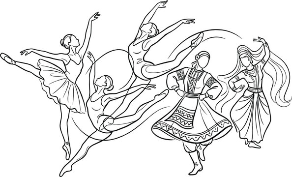 Diverse style dancers line art vector illustration with ballet and folk dance figures