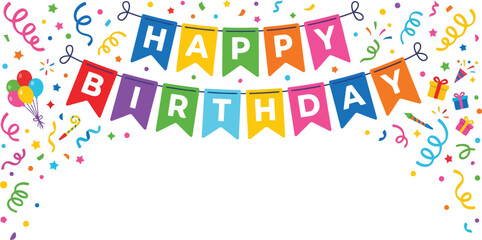 Fototapeta premium Happy Birthday bunting banner with confetti. Colorful party flags for celebration decor.