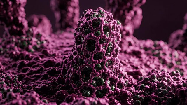 Extreme Close-Up of Virus Surface Glycosylation Patterns - This is an extreme close-up, 3D video of a virus's surface showing detailed glycosylation patterns.