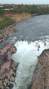Vertical Aerial View of Dhuandhar Falls, Bhedaghat, Jabalpur, Madhya Pradesh, India