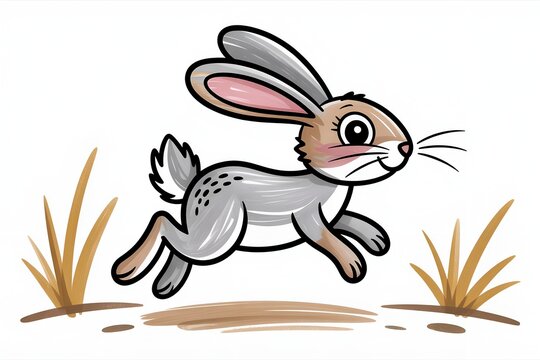 Cute wild rabbit hare running fast in green grass field in hand drawn sketch style for wild animal fast speed, speed concept