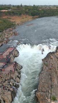 Vertical Aerial View of Dhuandhar Falls, Bhedaghat, Jabalpur, Madhya Pradesh, India