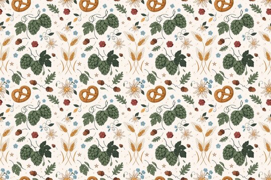 Seamless pattern featuring beer hops, golden wheat stalks, soft pretzels, and small flowers on a light cream background, for oktoberfest celebration