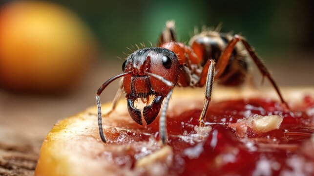 A macro shot of a red ant enjoying a sweet treat of jam on fruit, showcasing intricate details of its body and environment in a natural setting.