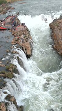 Vertical Aerial View of Dhuandhar Falls, Bhedaghat, Jabalpur, Madhya Pradesh, India