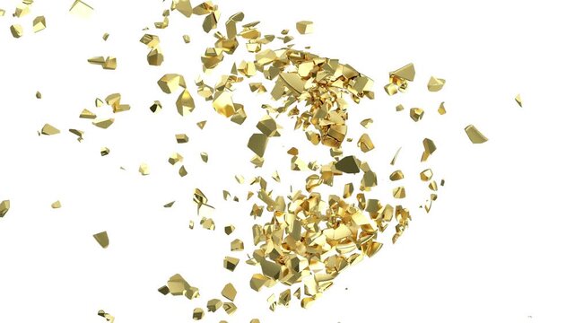 Shattered golden fragments swirl and disperse in the shape of a dollar sign against white, black, gray, and green screen backgrounds, 3D animation