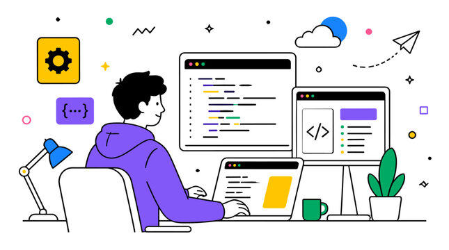 Software Developer Creating Digital Solutions At Workstation.